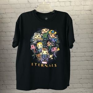 Pop! Tees short sleeve black t-shirt with Marvel’s Eternals graphic. Size XL.